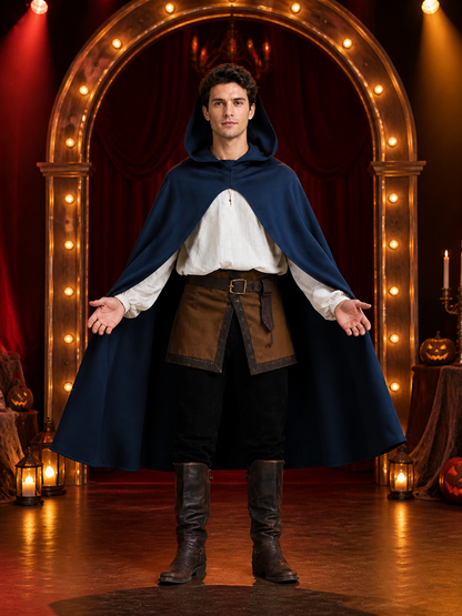 Halloween Costume Women Medieval Hooded Cape, Dark Blue Long with Front Clasp detail view