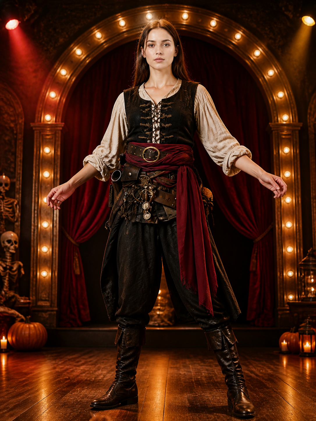 Women's Red Pirate Waist Sash Wrap Belt with Long Front Drape, Halloween Cosplay detail view