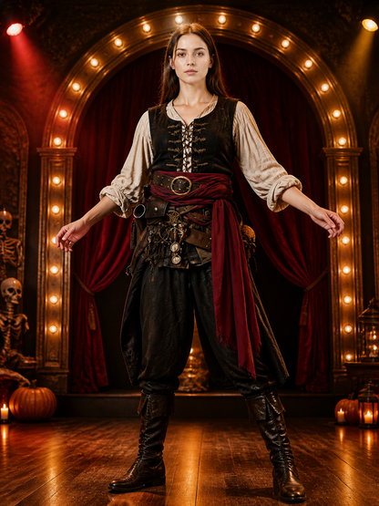 Women's Red Pirate Waist Sash Wrap Belt with Long Front Drape, Halloween Cosplay detail view