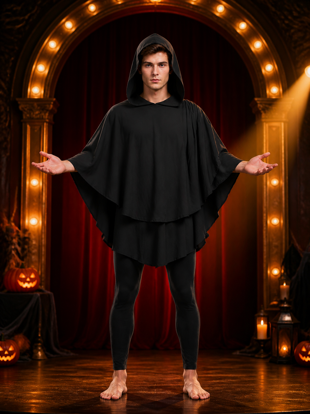 Women's Gothic Hooded Cape Cloak for Halloween Cosplay, Black Flowing Draped detail view