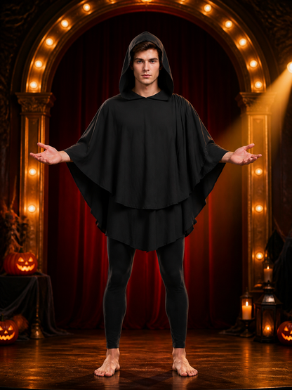 Women's Gothic Hooded Cape Cloak for Halloween Cosplay, Black Flowing Draped detail view