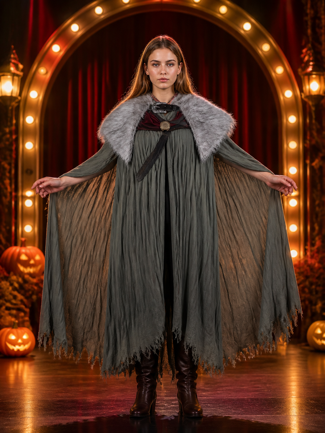 Adult Viking Cape Costume, Fluffy Gray-White Shoulder Edge, Gold Emblem & Button detail view