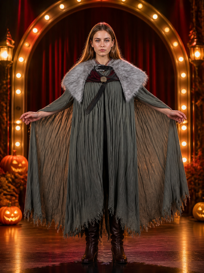Adult Viking Cape Costume, Fluffy Gray-White Shoulder Edge, Gold Emblem & Button detail view