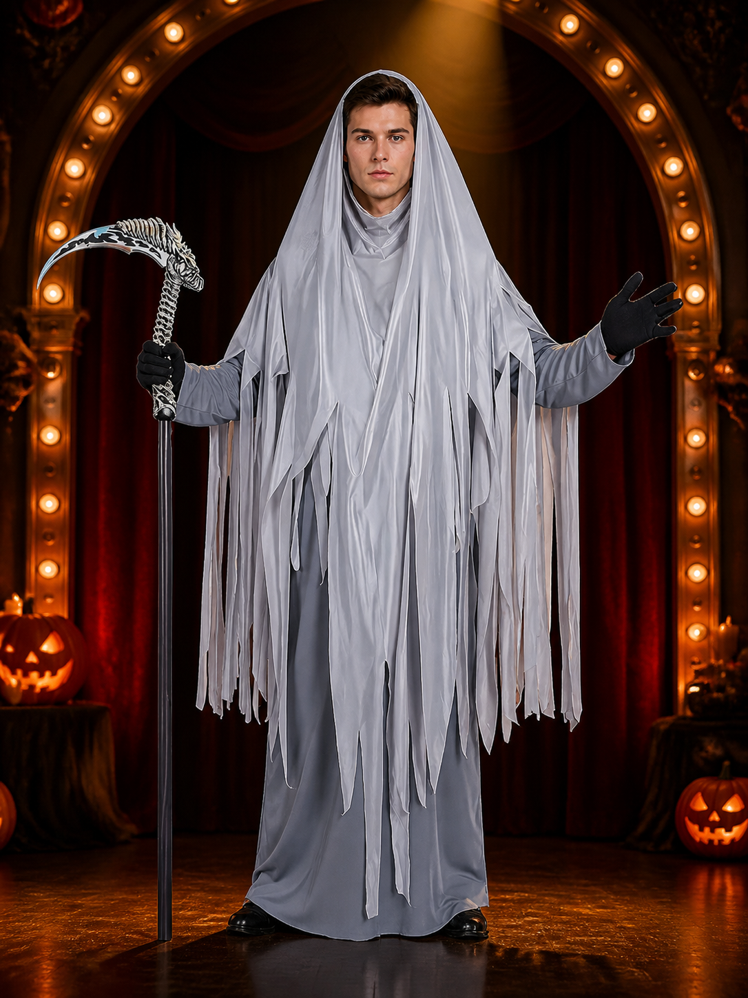 Ghostly Gray Grim Reaper Hooded Full Body Costume with Tattered Fringes