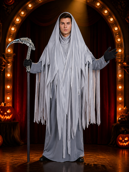 Ghostly Gray Grim Reaper Hooded Full Body Costume with Tattered Fringes