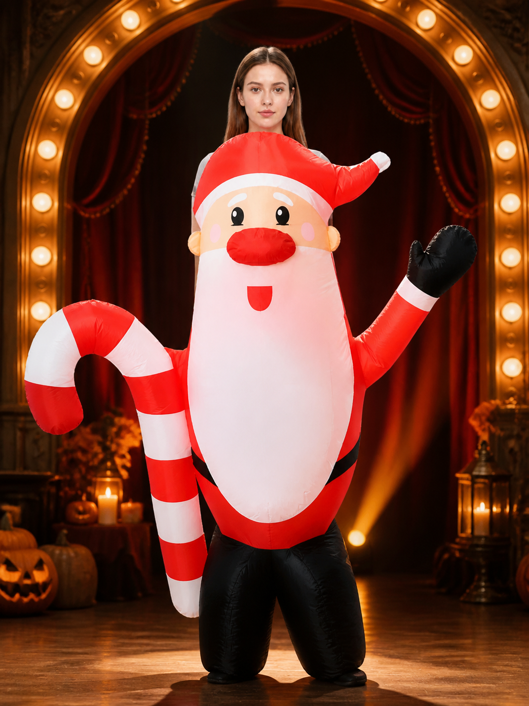 Santa Claus Inflatable Costume with Red and White Candy Cane Stripes, Huge White detail view
