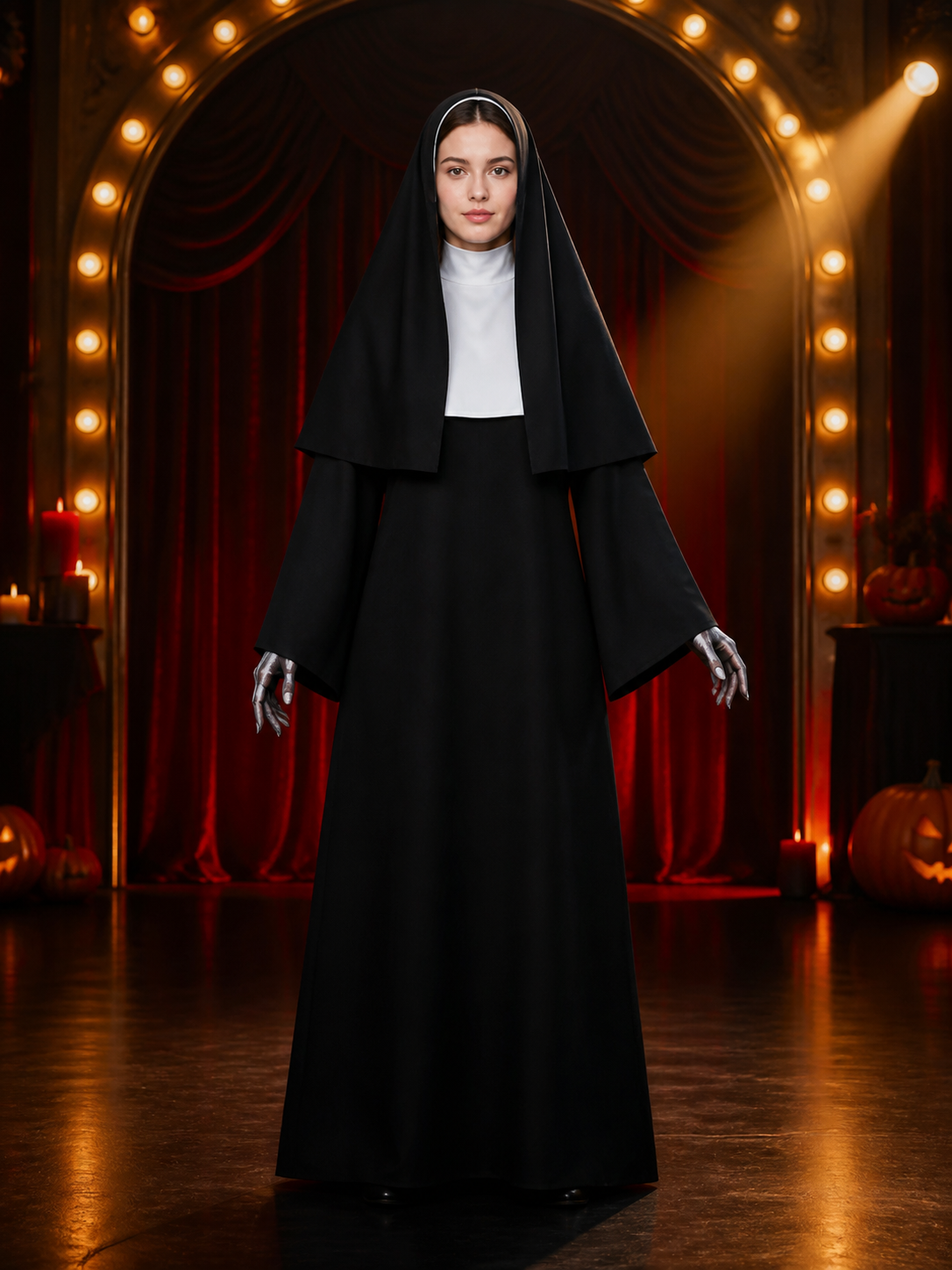 Adult Gothic Nun Halloween Costume, Black Hooded Robe with Scary Face Print product view 3