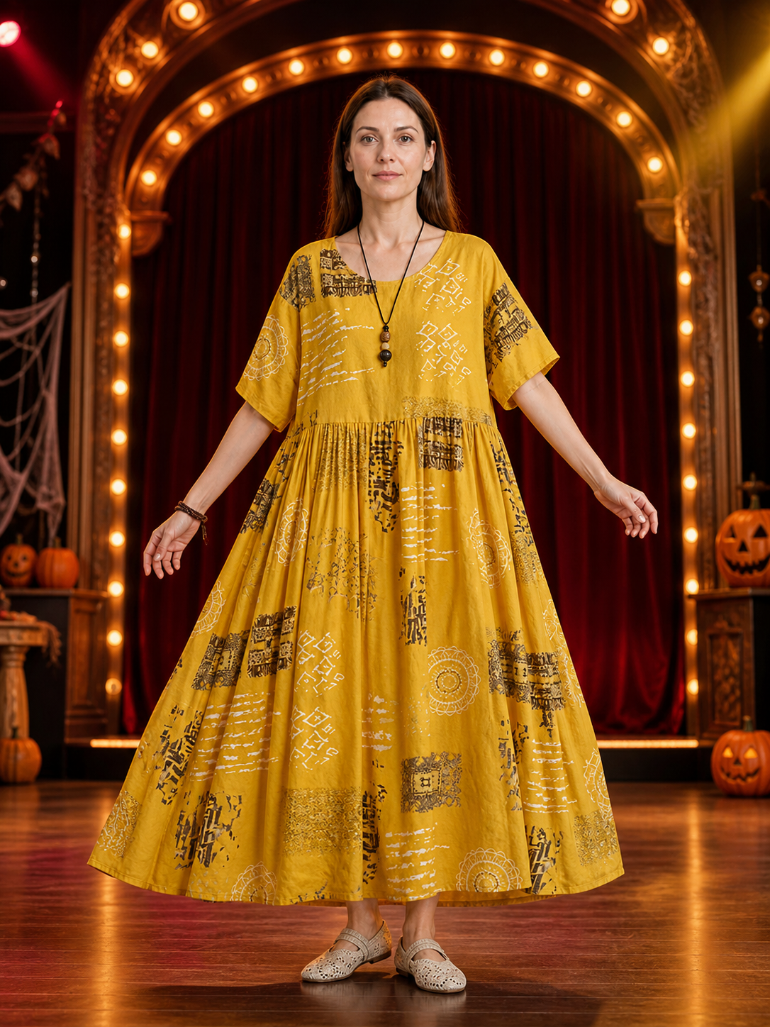 Women's Yellow Printed A-Line Maxi Dress with Short Sleeves, Round Neck, Pleated detail view