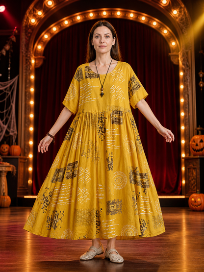 Women's Yellow Printed A-Line Maxi Dress with Short Sleeves, Round Neck, Pleated detail view
