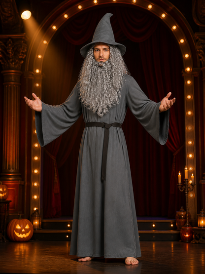 Adult Halloween Wizard Costume Set - 5Pcs Long Sleeve Robe, Curved Hat, Belt detail view