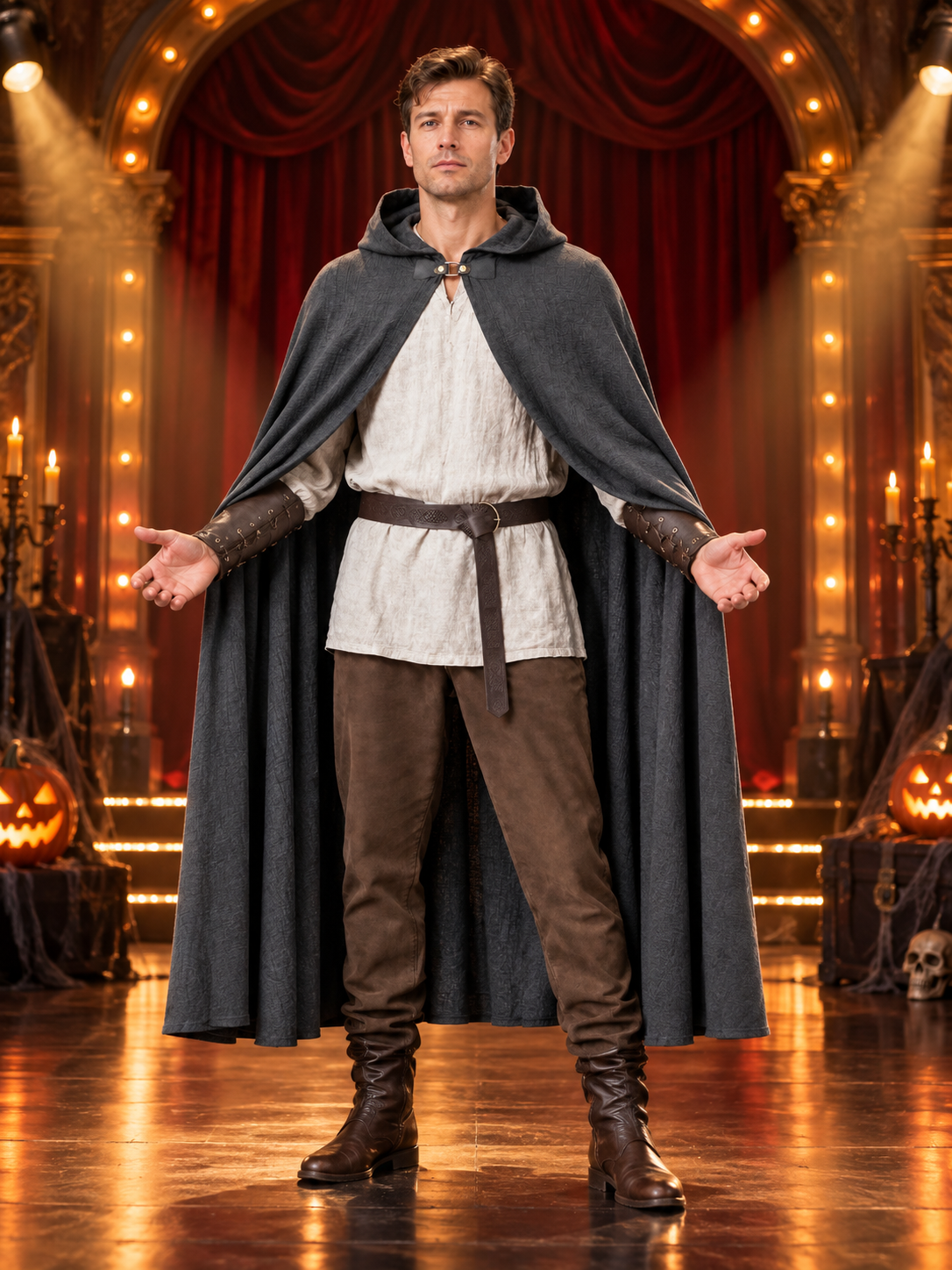Gray polyester cape-cloak — an outerwear style worn over other clothing