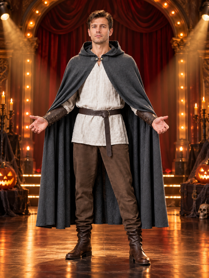 Gray polyester cape-cloak — an outerwear style worn over other clothing