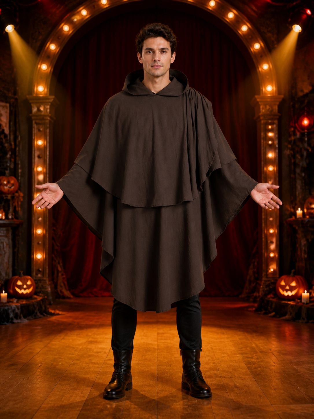 Women's Hooded Wanderer Cloak Costume with Layered Hem, Shoulder Draped Pleats detail view