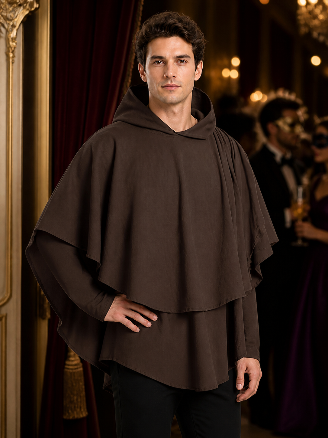 Women's Hooded Wanderer Cloak Costume with Layered Hem, Shoulder Draped Pleats detail view 2