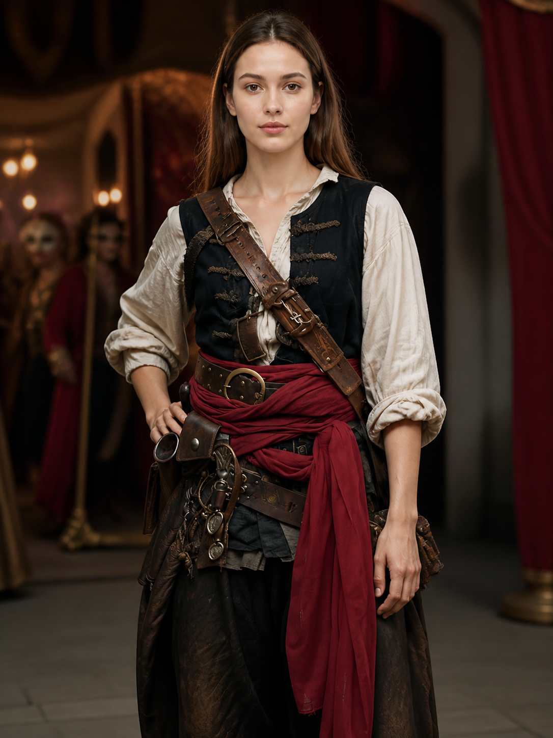 Adult Pirate Costume Waist Sash Black Layered Wrap Long Strip Halloween Cosplay detail view 2