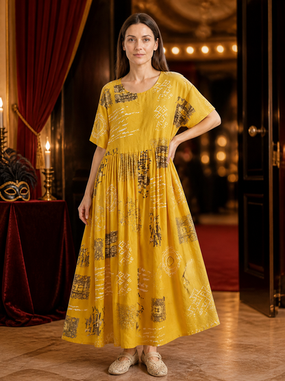 Women's Yellow Printed A-Line Maxi Dress with Short Sleeves, Round Neck, Pleated detail view 2