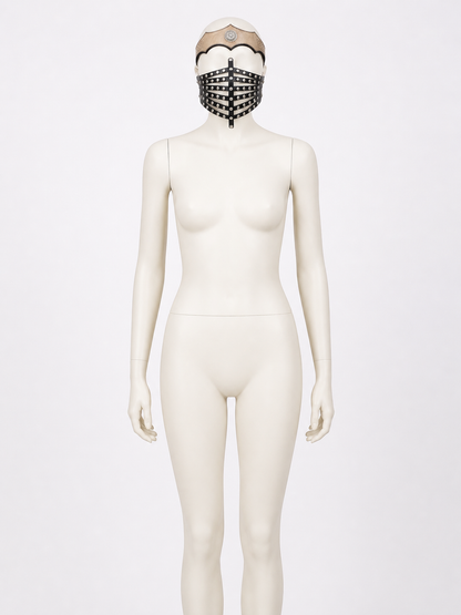 Black Leather Horn Headband with Silver Studs, Pointed Peak, Gothic Devil Style detail view 2