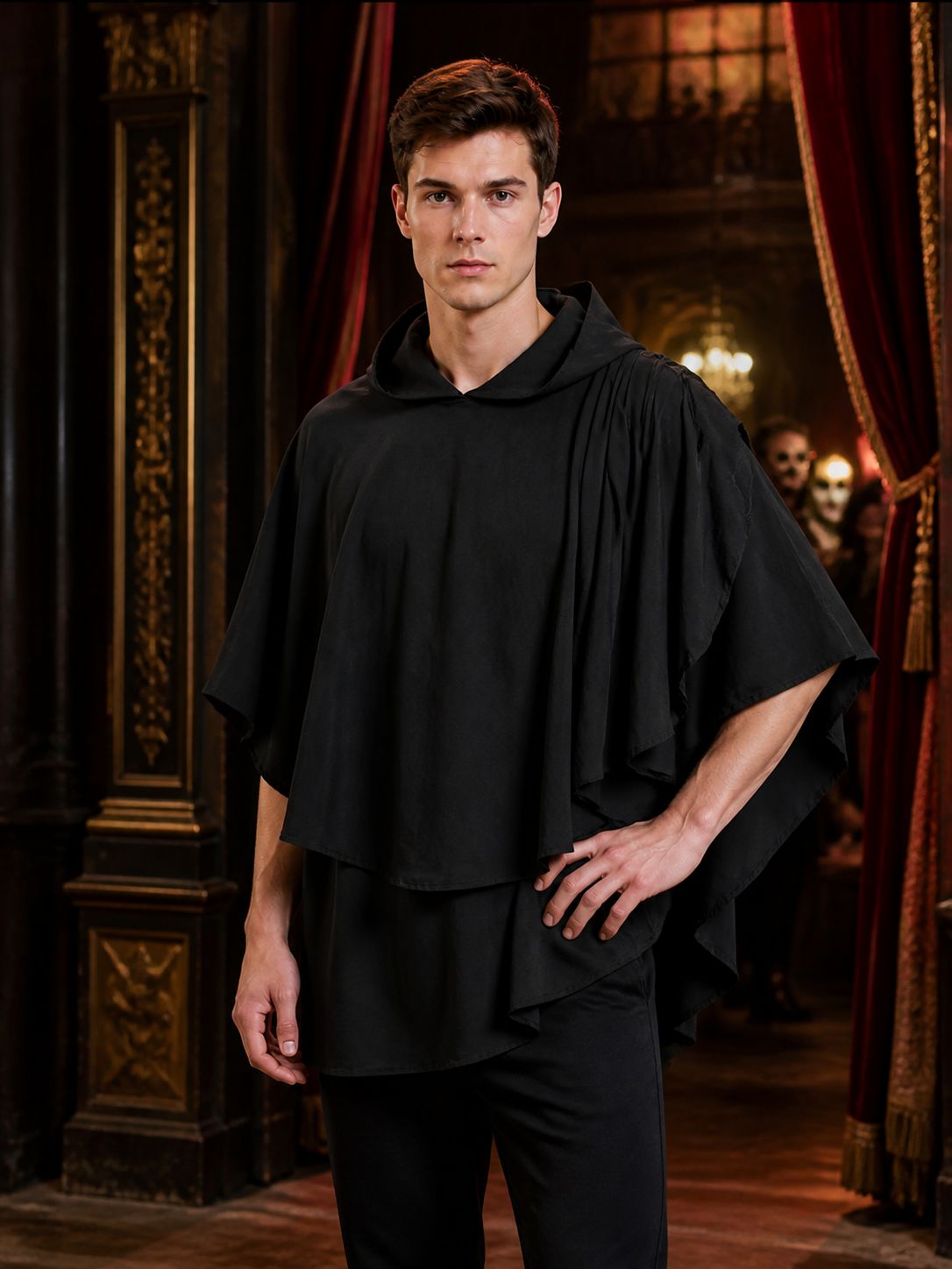 Women's Gothic Hooded Cape Cloak for Halloween Cosplay, Black Flowing Draped detail view 2