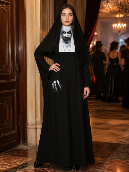 Adult Gothic Nun Halloween Costume, Black Hooded Robe with Scary Face Print product view 4