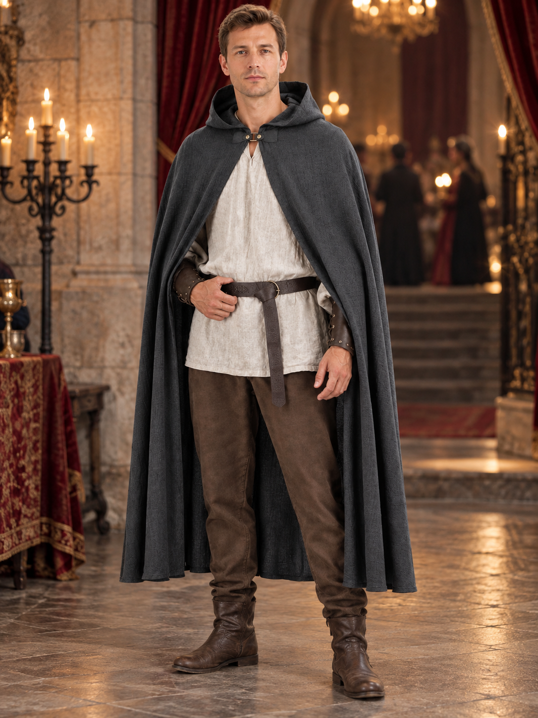 Gray polyester cape-cloak — an outerwear style worn over other clothing