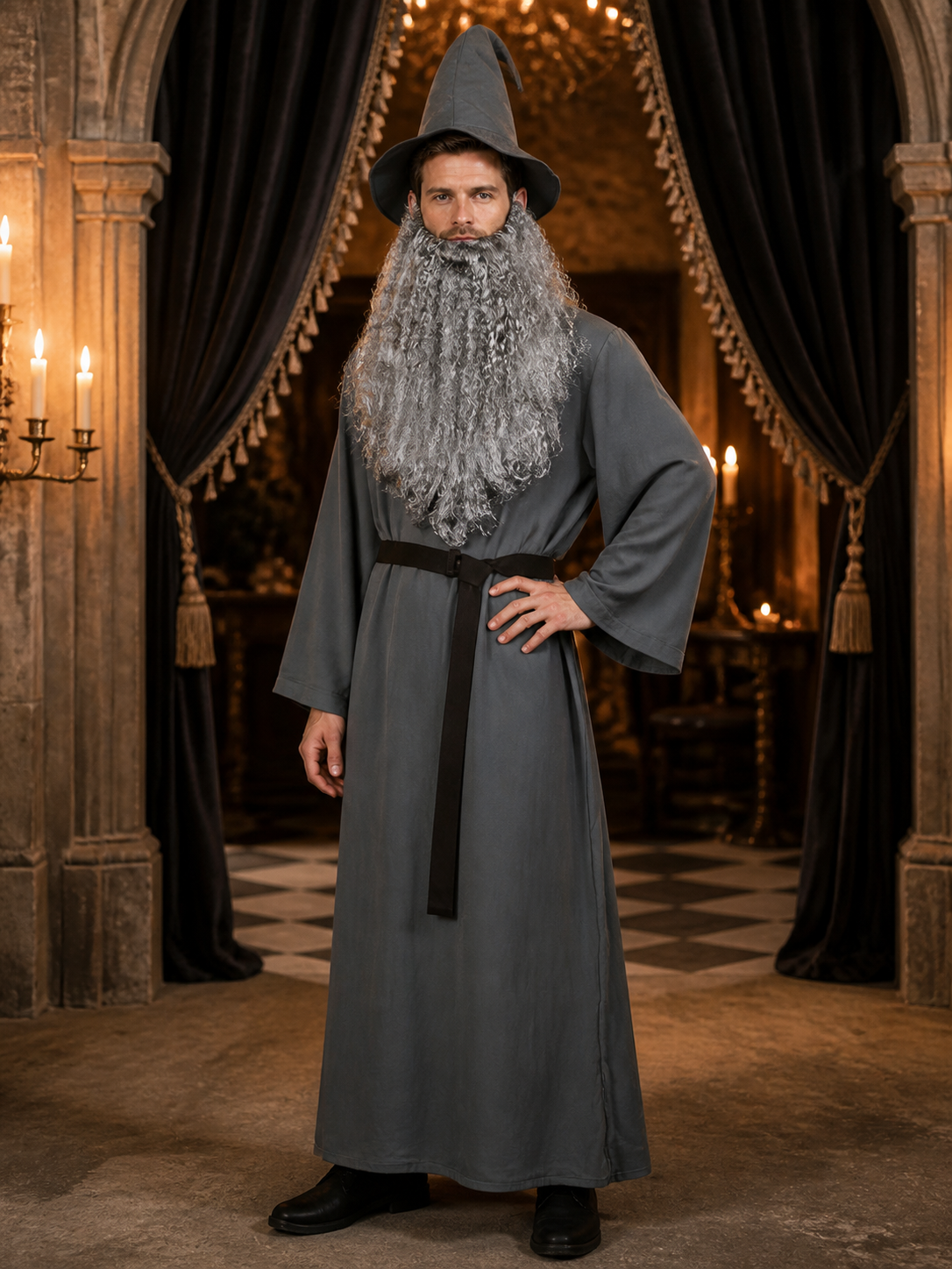 Adult Halloween Wizard Costume Set - 5Pcs Long Sleeve Robe, Curved Hat, Belt detail view 2