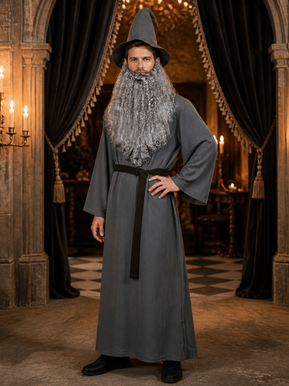 Adult Halloween Wizard Costume Set - 5Pcs Long Sleeve Robe, Curved Hat, Belt detail view 2