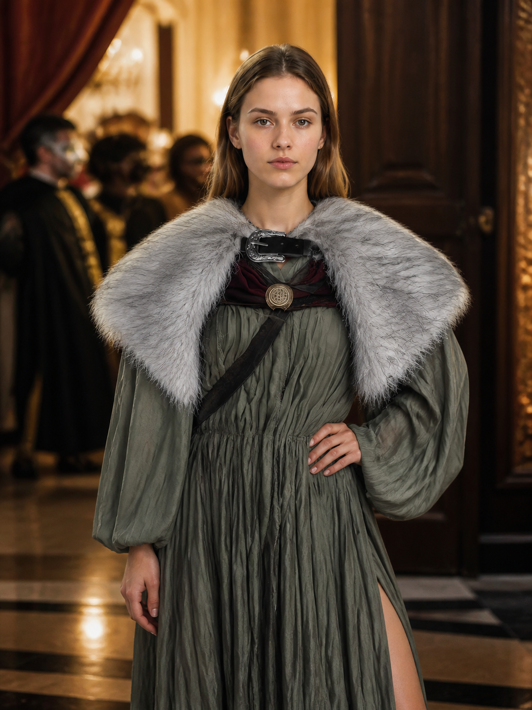 Adult Viking Cape Costume, Fluffy Gray-White Shoulder Edge, Gold Emblem & Button detail view 2
