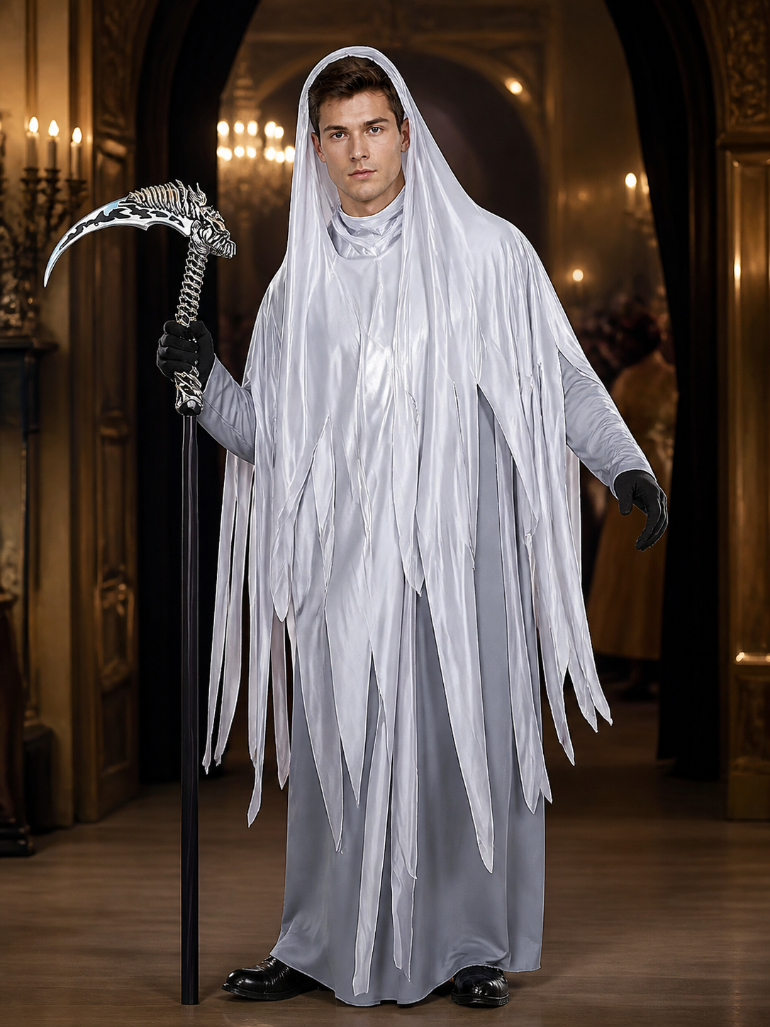 Ghostly Gray Grim Reaper Hooded Full Body Costume with Tattered Fringes