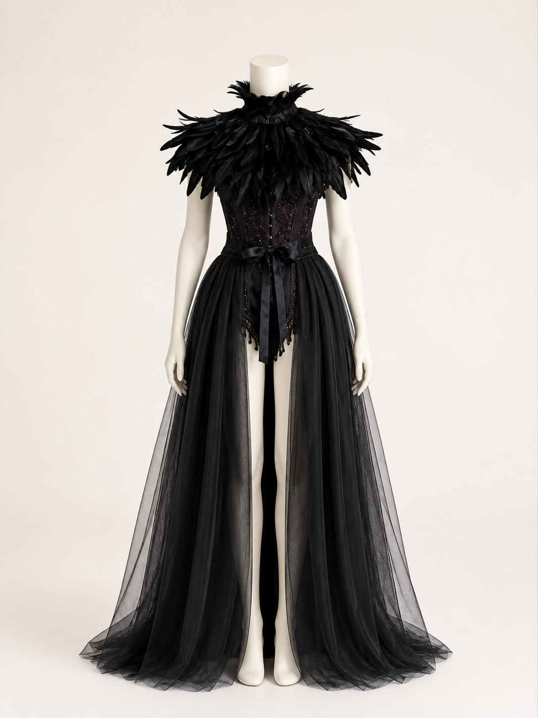 Women's Halloween Demon Costume Set - Black Mesh Long Dress, Stockings, Horned