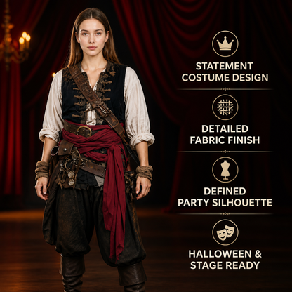 Women's Red Pirate Waist Sash Wrap Belt with Long Front Drape, Halloween Cosplay detail view 3