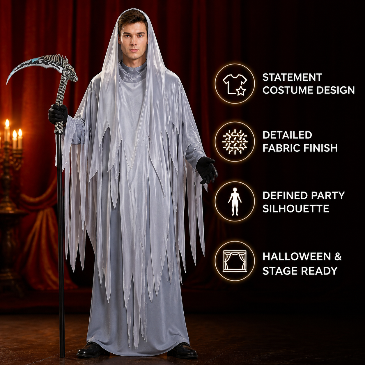 Ghostly Gray Grim Reaper Hooded Full Body Costume with Tattered Fringes