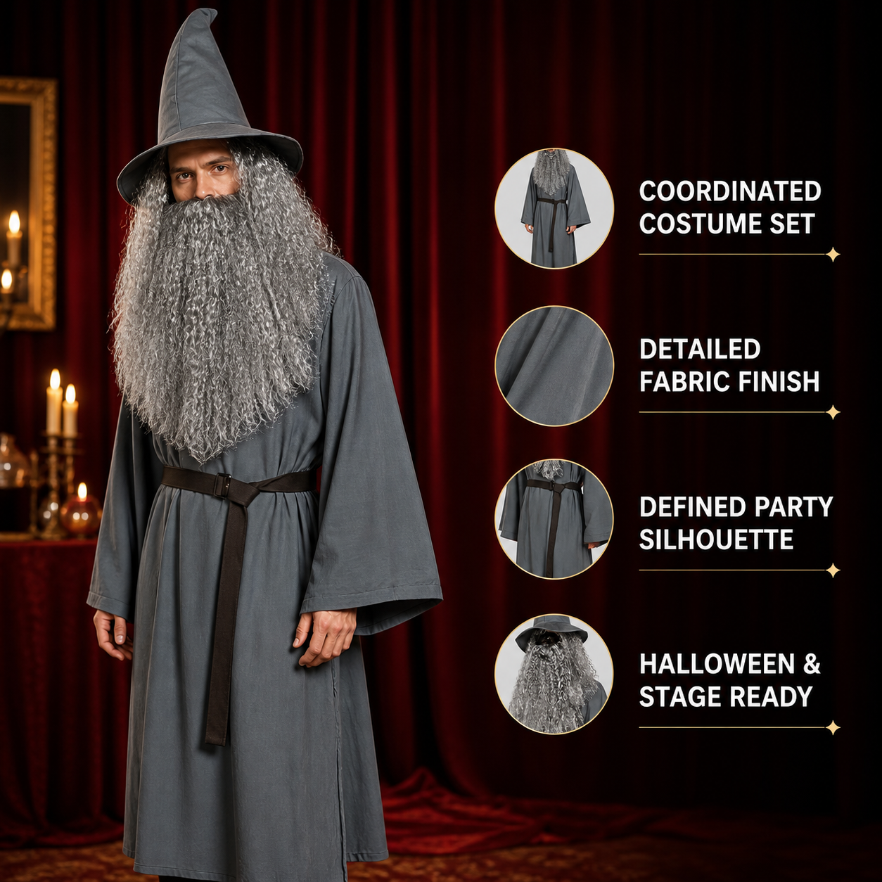 Adult Halloween Wizard Costume Set - 5Pcs Long Sleeve Robe, Curved Hat, Belt detail view 3