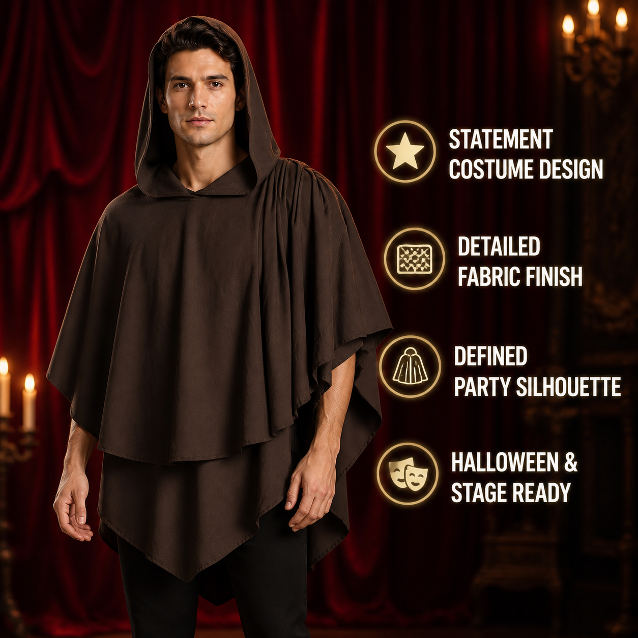 Women's Hooded Wanderer Cloak Costume with Layered Hem, Shoulder Draped Pleats detail view 3