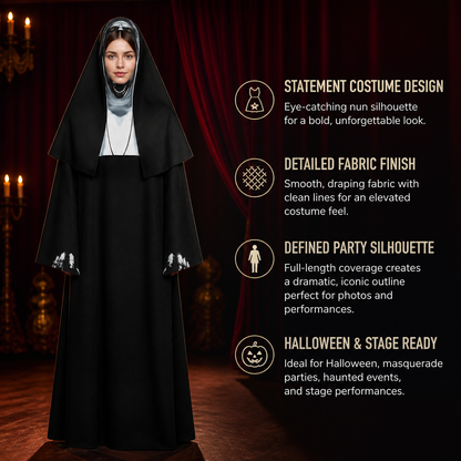 Adult Gothic Nun Halloween Costume, Black Hooded Robe with Scary Face Print product view 5