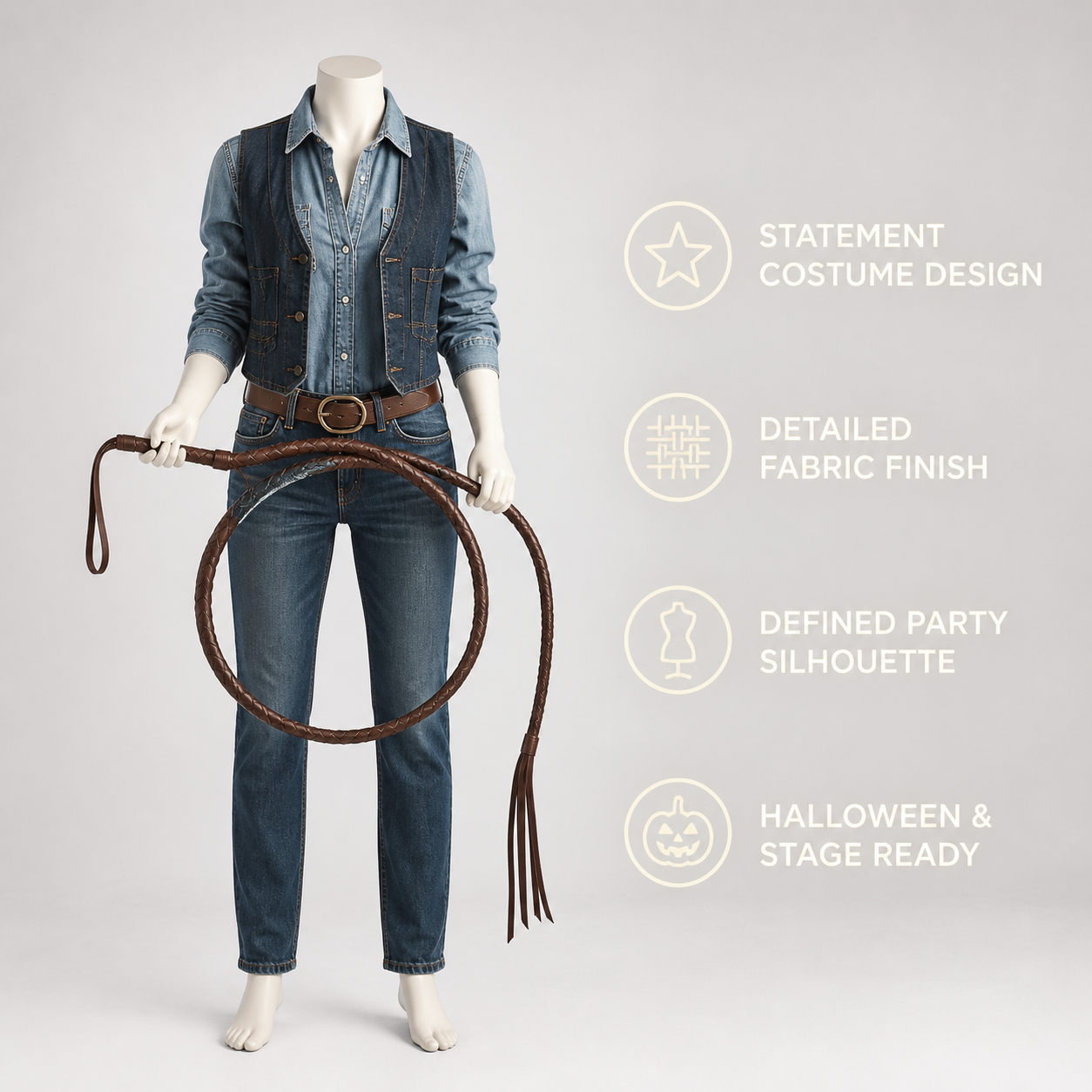 Women Halloween Cowgirl Costume Whip Prop, Brown Braided with Split Ends and detail view 3