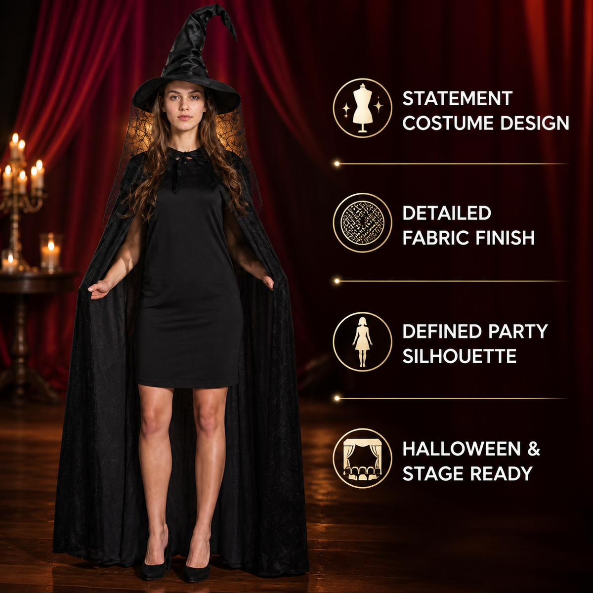 Halloween Witch Costume Set 2pcs Black Curved Pointed Hat and Long Cape 5