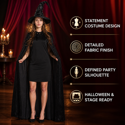 Halloween Witch Costume Set 2pcs Black Curved Pointed Hat and Long Cape 5