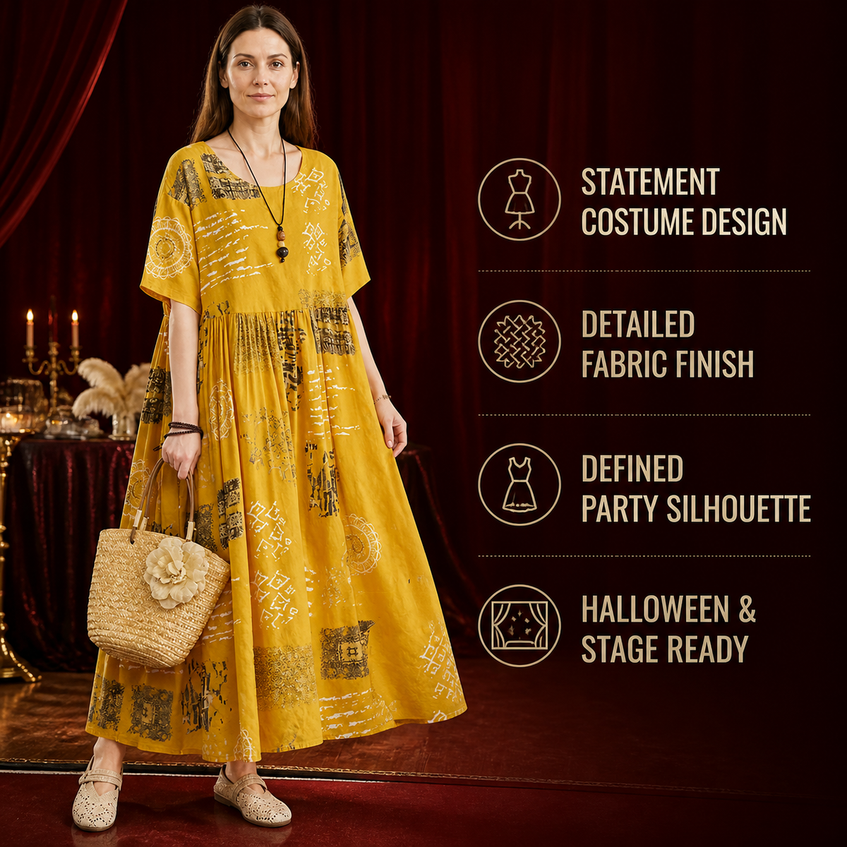 Women's Yellow Printed A-Line Maxi Dress with Short Sleeves, Round Neck, Pleated detail view 3
