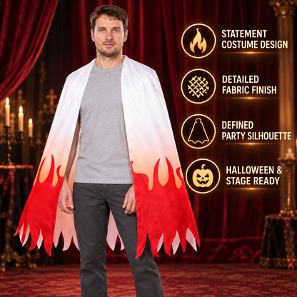 Long sleeveless cape with an open front and a shaped edge, white with red flames