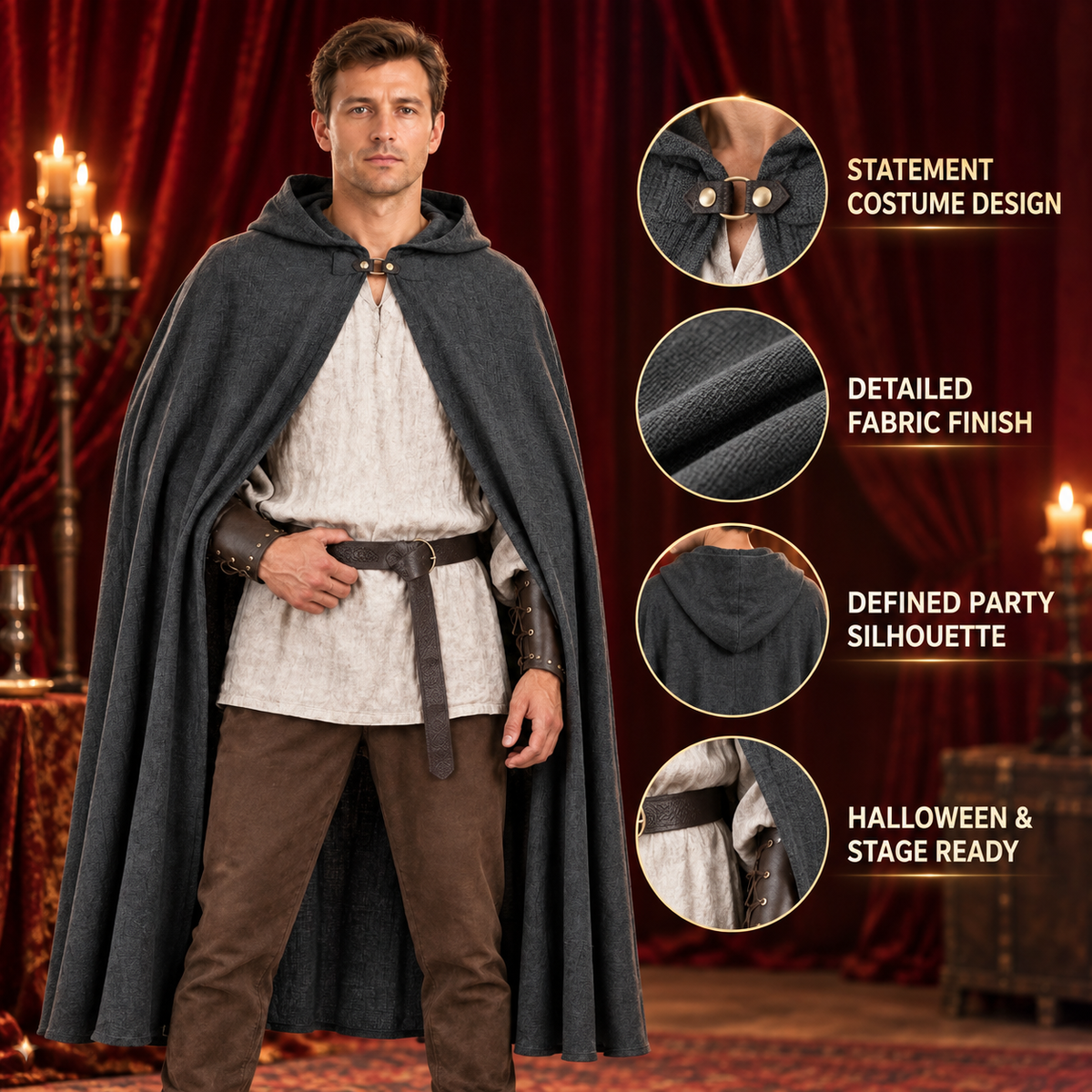 Gray polyester cape-cloak — an outerwear style worn over other clothing
