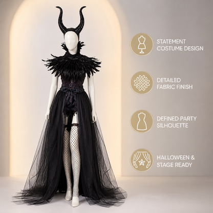 Women's Halloween Demon Costume Set - Black Mesh Long Dress, Stockings, Horned