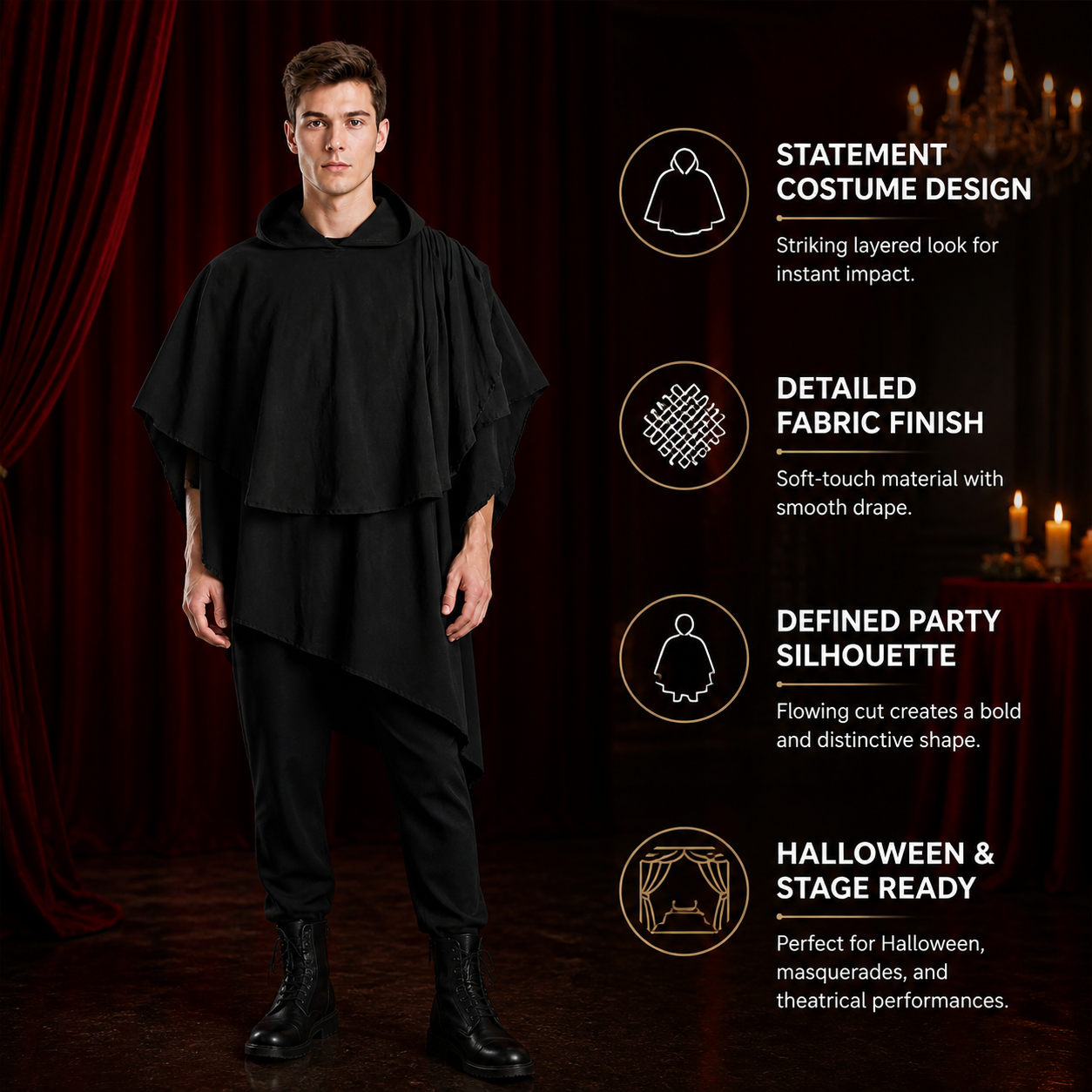 Women's Gothic Hooded Cape Cloak for Halloween Cosplay, Black Flowing Draped detail view 3