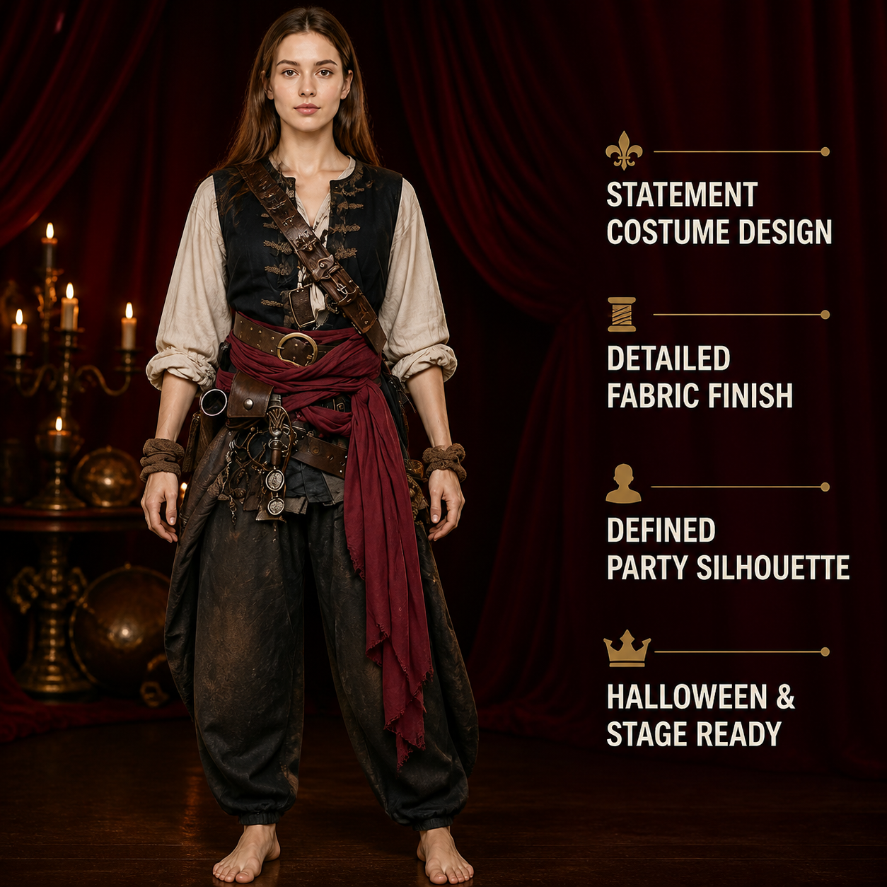 Adult Pirate Costume Waist Sash Black Layered Wrap Long Strip Halloween Cosplay detail view 3
