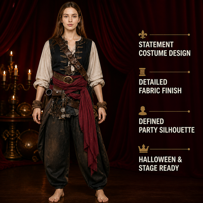 Adult Pirate Costume Waist Sash Black Layered Wrap Long Strip Halloween Cosplay detail view 3