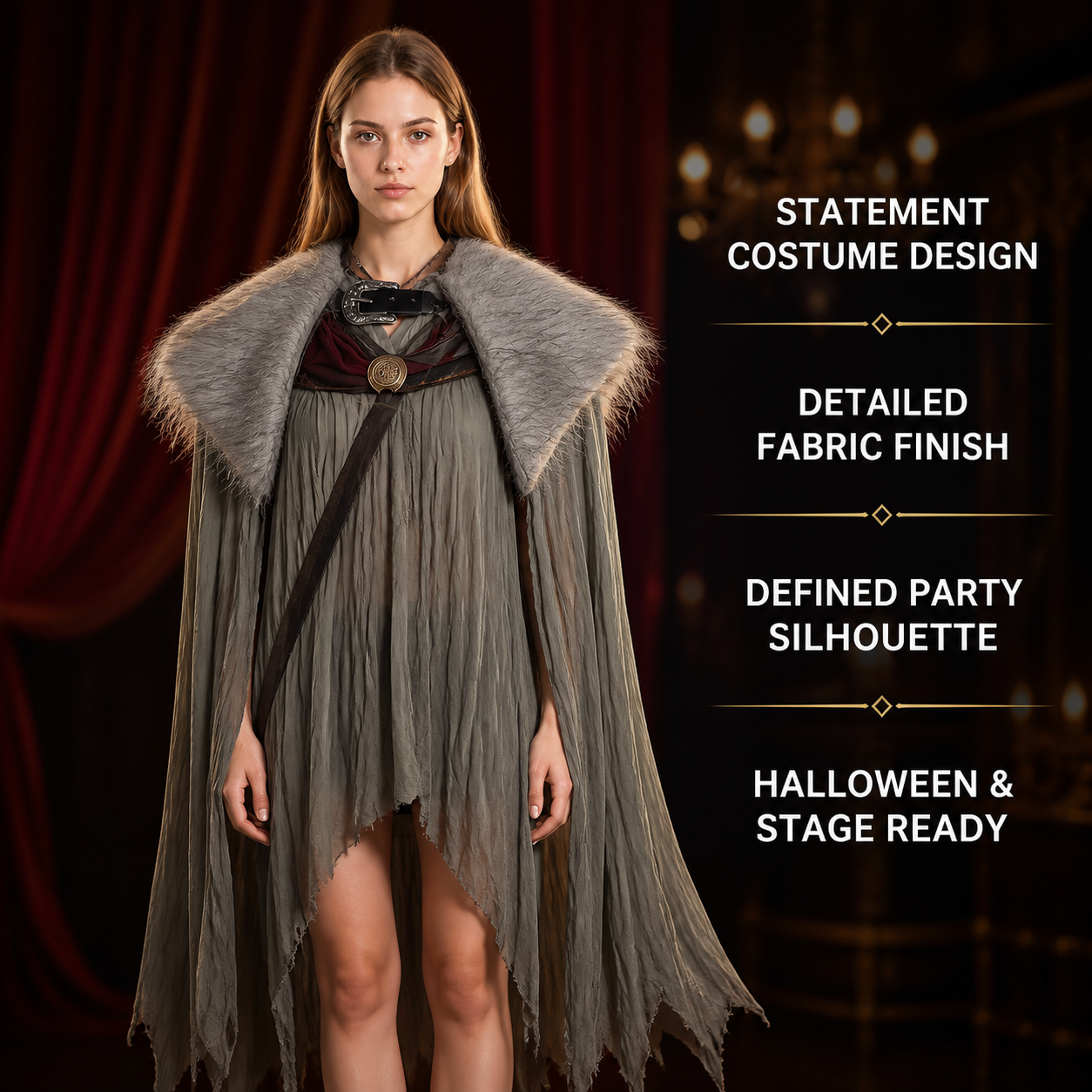 Adult Viking Cape Costume, Fluffy Gray-White Shoulder Edge, Gold Emblem & Button detail view 3