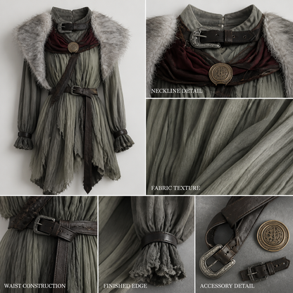 Adult Viking Cape Costume, Fluffy Gray-White Shoulder Edge, Gold Emblem & Button detail view 4