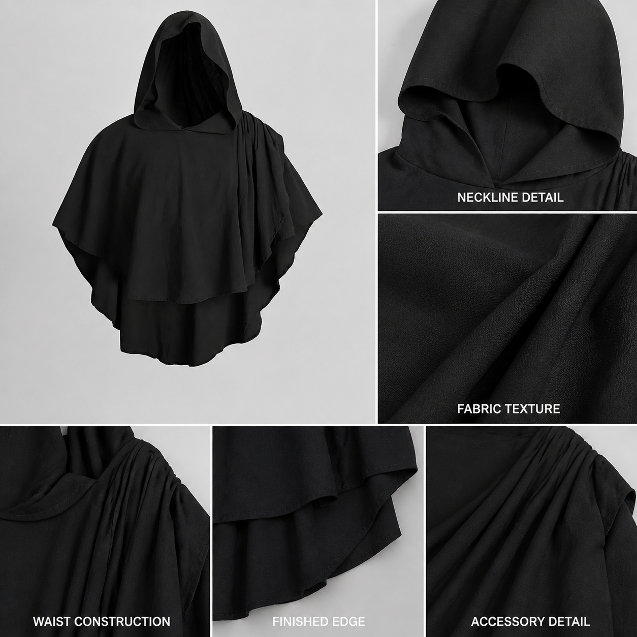 Women's Gothic Hooded Cape Cloak for Halloween Cosplay, Black Flowing Draped detail view 4