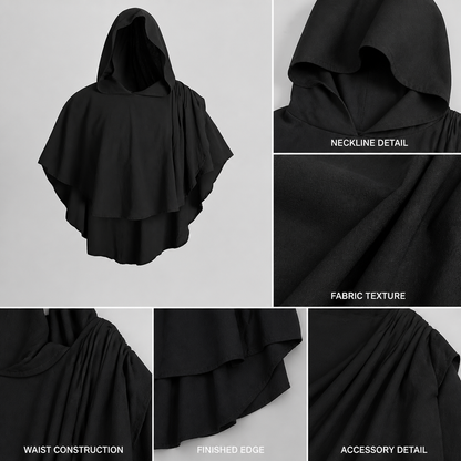 Women's Gothic Hooded Cape Cloak for Halloween Cosplay, Black Flowing Draped detail view 4