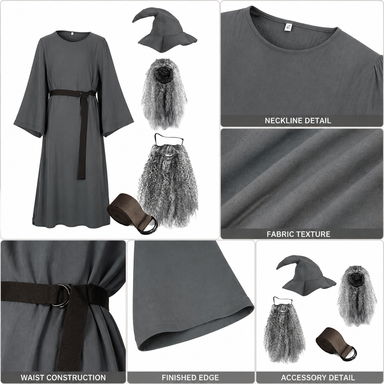 Adult Halloween Wizard Costume Set - 5Pcs Long Sleeve Robe, Curved Hat, Belt detail view 4