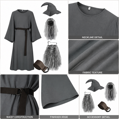 Adult Halloween Wizard Costume Set - 5Pcs Long Sleeve Robe, Curved Hat, Belt detail view 4